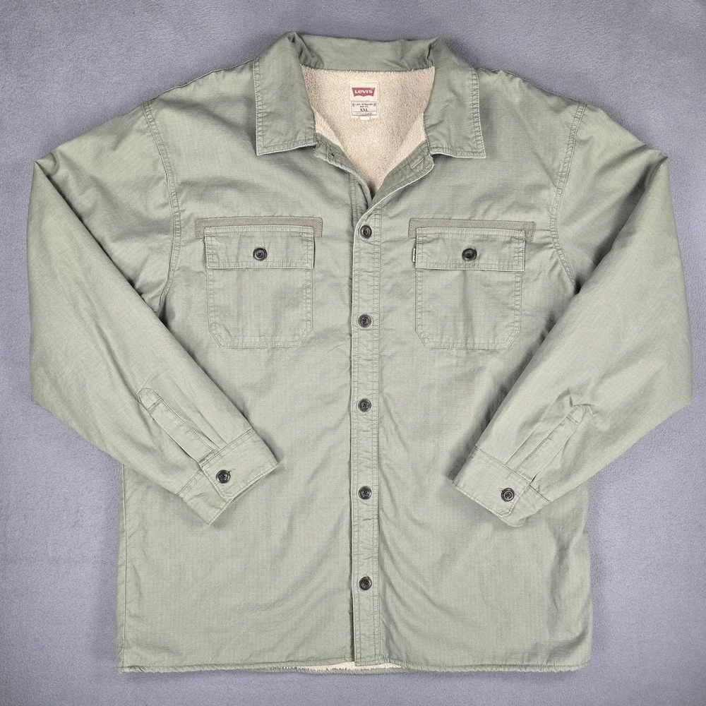 Levi's Jacket Mens 2XL‎ Green Sherpa Lined Military Shirt Button Front Coat
